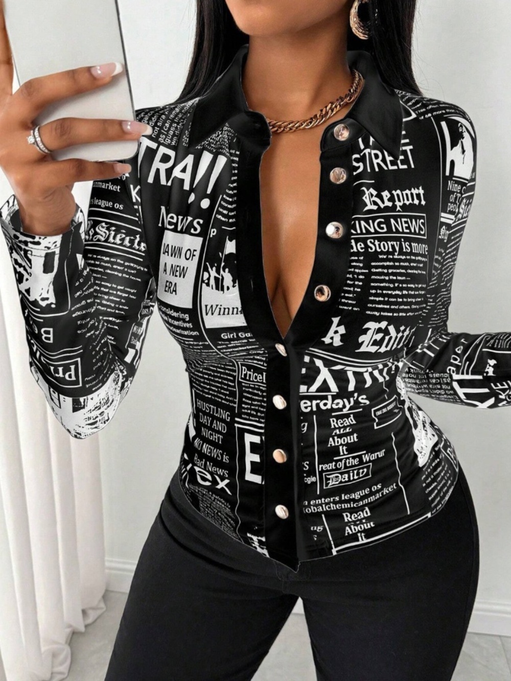 Newspaper Black and White Print Button Down Long Sleeve Shirt